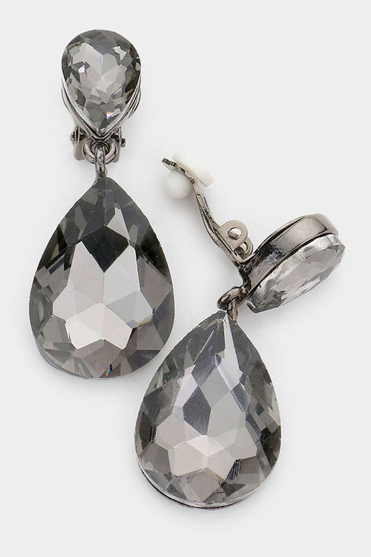 Crystal Double Teardrop Clip On Earrings - Debs on 5th