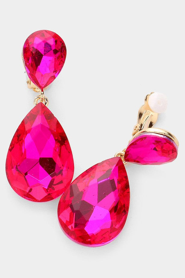 Glass Crystal Teardrop Clip on Evening Earrings - Debs on 5th