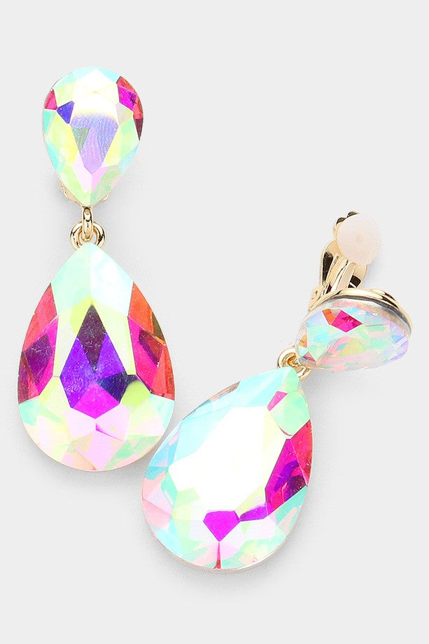 Glass Crystal Teardrop Clip on Evening Earrings - Debs on 5th
