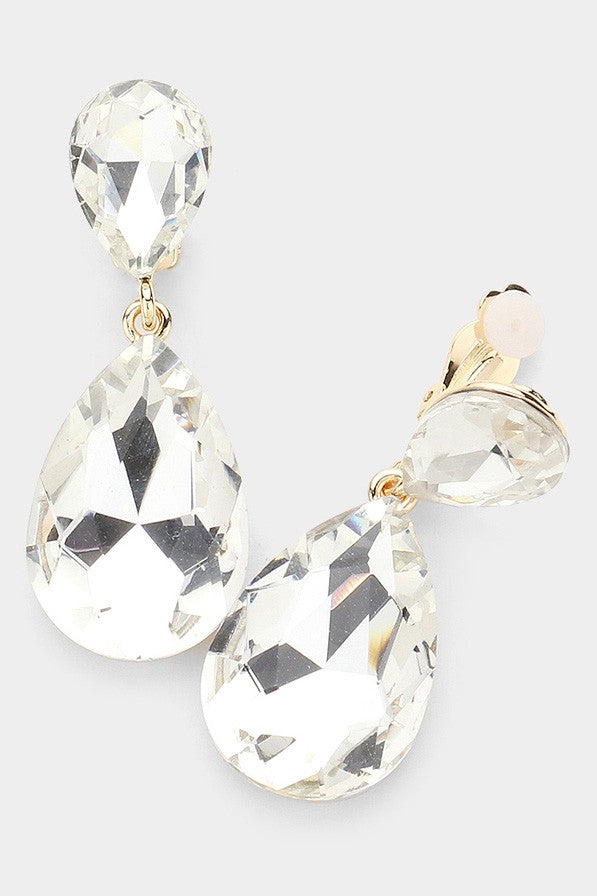 Glass Crystal Teardrop Clip on Evening Earrings - Debs on 5th