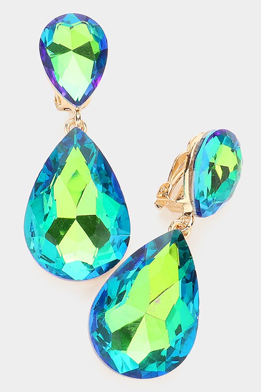 Glass Crystal Teardrop Clip on Evening Earrings - Debs on 5th
