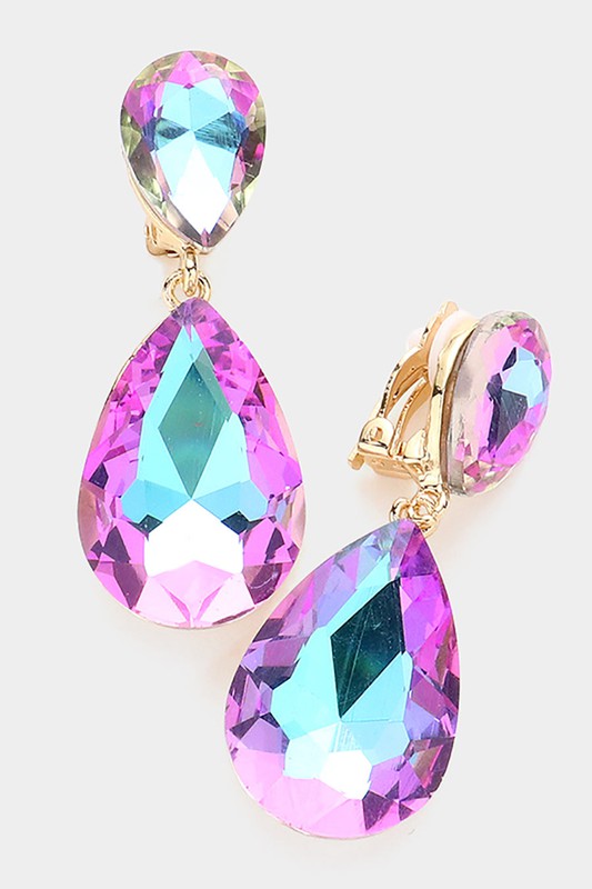 Glass Crystal Teardrop Clip on Evening Earrings - Debs on 5th