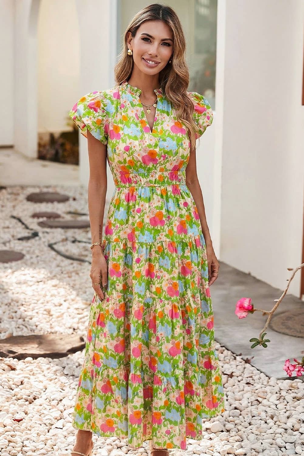 Floral Print Puff Sleeve Maxi Dress