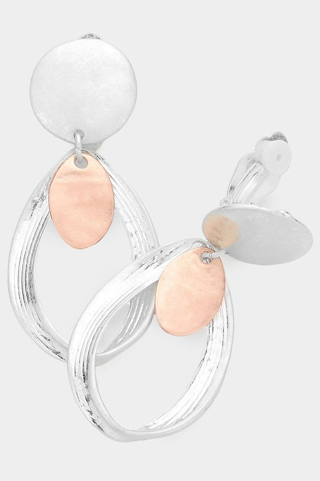 Matte Metal Open Oval Dangle Clip On Earrings