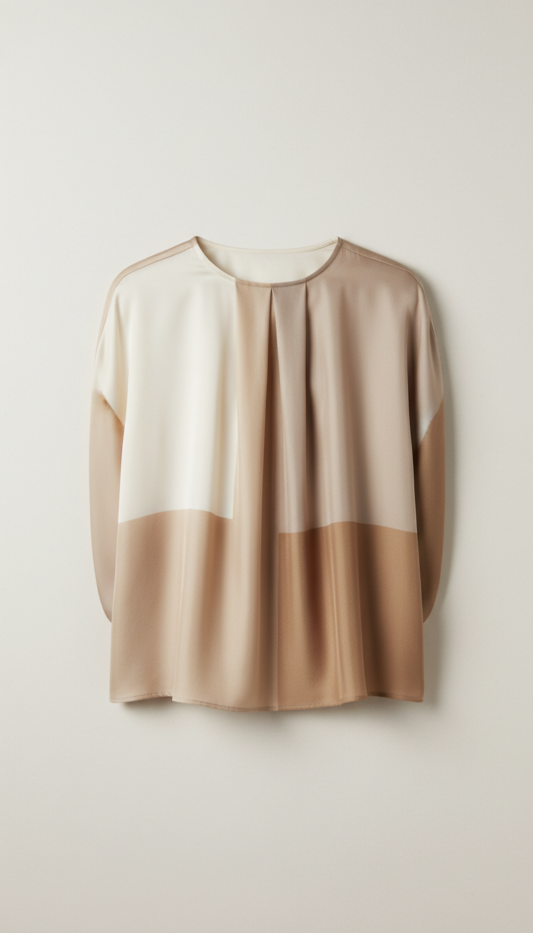 Sandstone Silk Blouse with Draped Sleeves