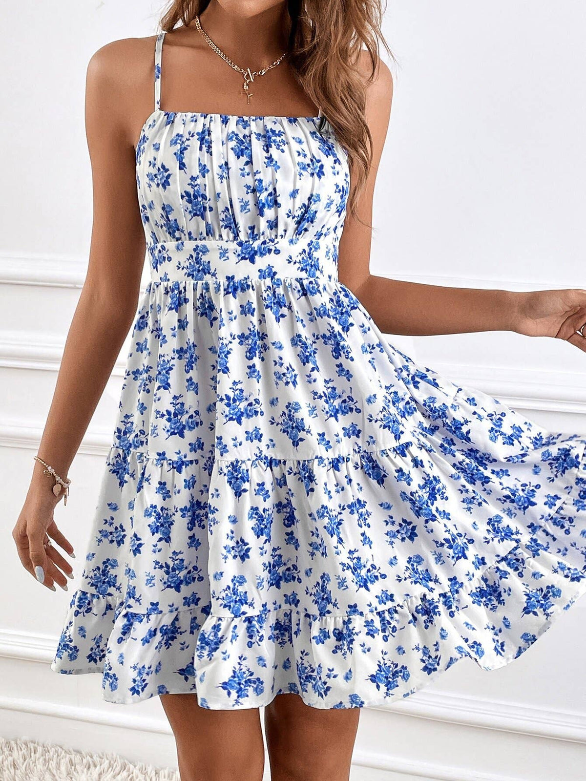 Spaghetti-Strap Tiered Floral Dress