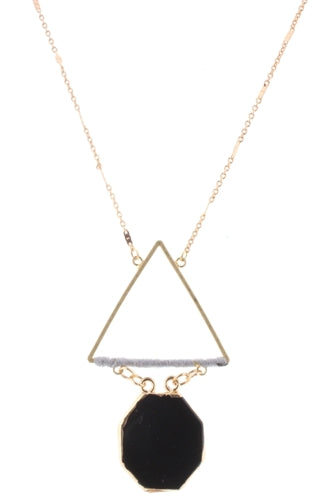 32" Gold Chain with Grey Wrapped Triangle with Jet Stone Hexagon, - Debs on 5th