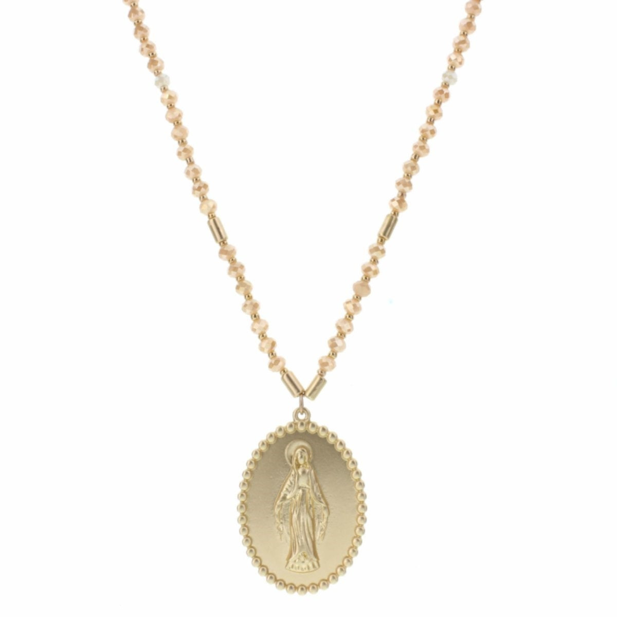 32" Dark Champagne Beaded with Virgin Mary Necklace, 3" Ext. - Debs on 5th