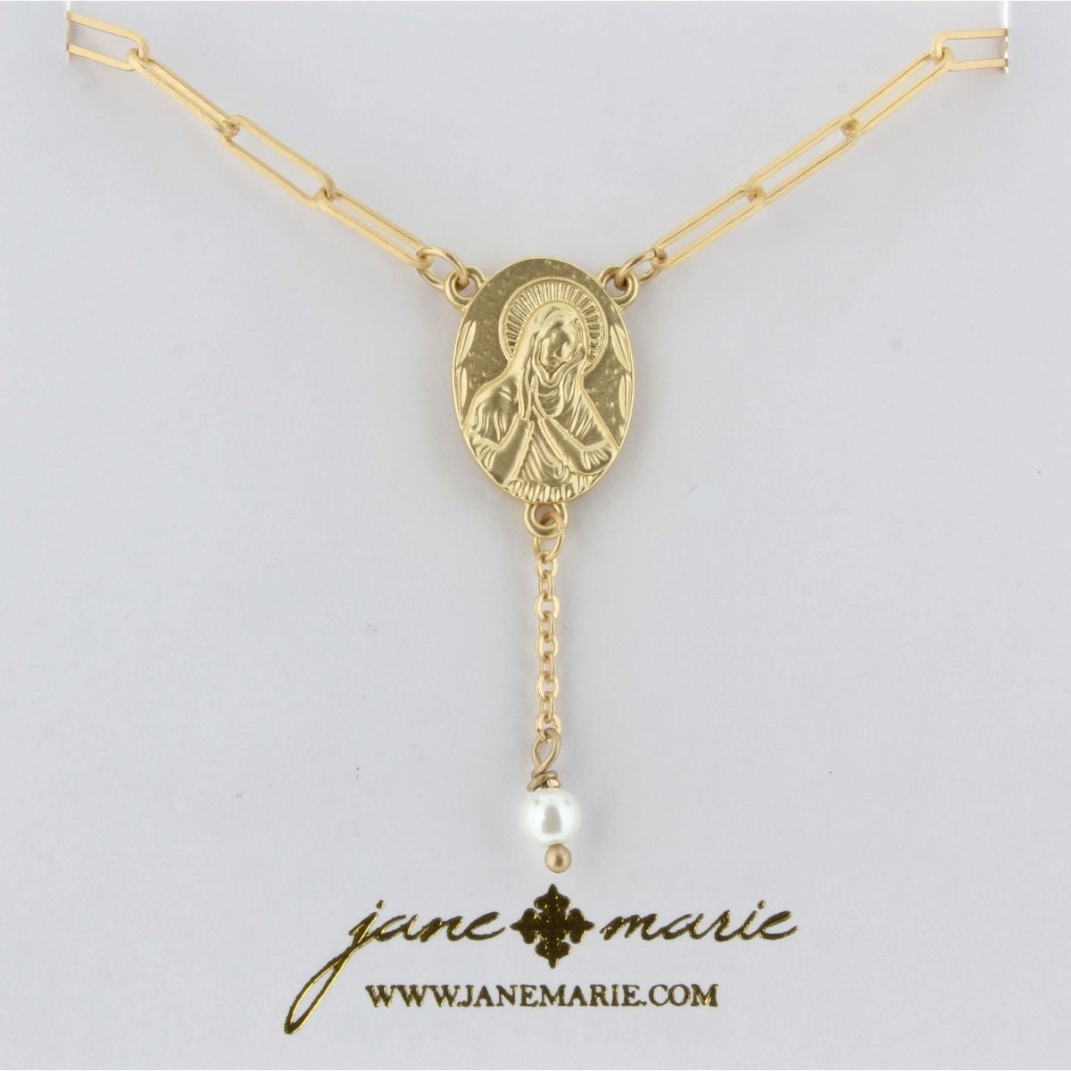16" Gold Chain, Gold Virgin Mary with Pearl Dangle Charm Necklace, - Debs on 5th