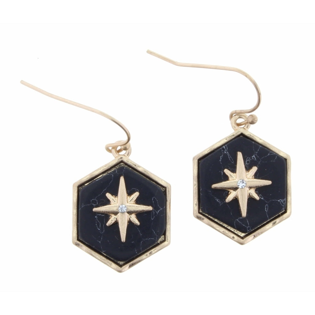 Hexagon Jet Howlite Stone with Gold Starburst Earring - Debs on 5th