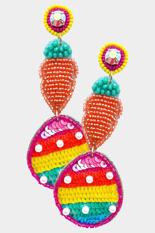 Seed Beaded Carrot Sequin Easter Egg Link Earrings - Debs on 5th