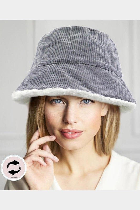Reversible Corduroy Soft Faux Fur Bucket Hat - Debs on 5th