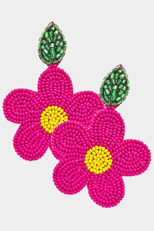 Felt Back Seed Beaded Flower Leaf Earrings - Debs on 5th