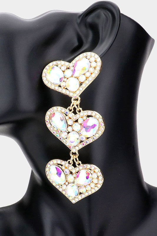 Multi Stone Embellished Triple Heart Dangle Evening Earrings - Debs on 5th