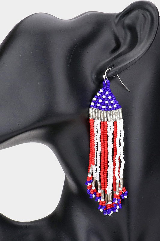 American USA Flag Seed Beaded Fringe Earrings - Debs on 5th