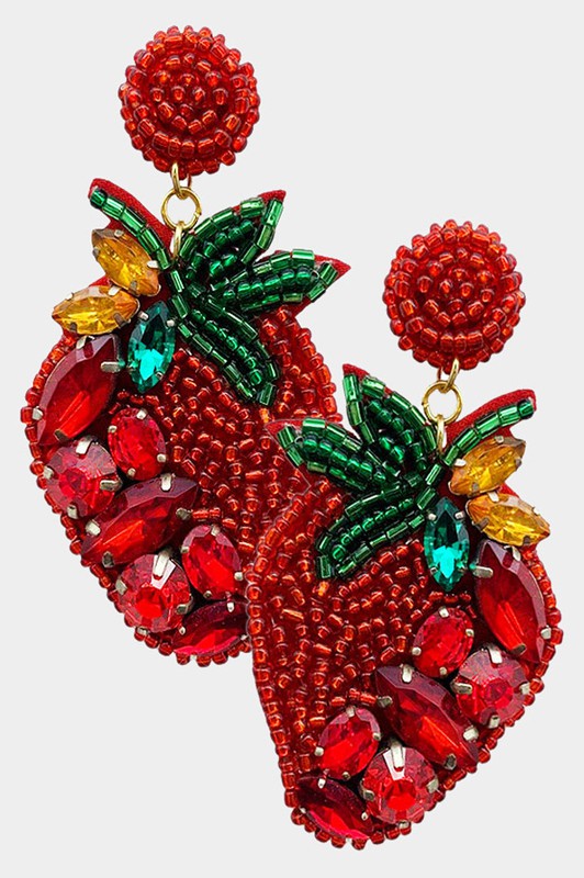 Felt Back Stone Seed Beaded Strawberry Dangle Earrings - Debs on 5th