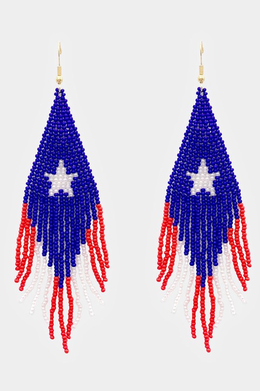 American USA Flag Seed Beads Fringe Earrings - Debs on 5th