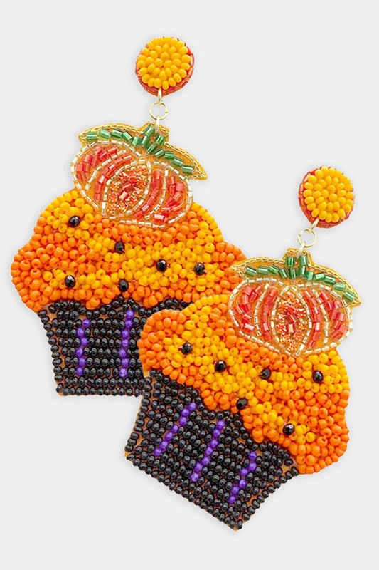 Felt Back Pumpkin Muffin Beaded Dangle Earrings - Debs on 5th