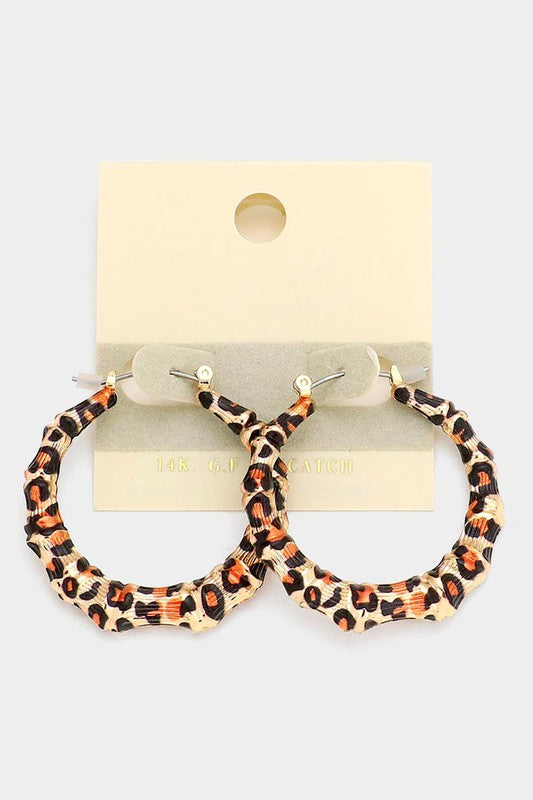 Leopard Metal Bamboo Hoop Pin Catch Earrings - Debs on 5th