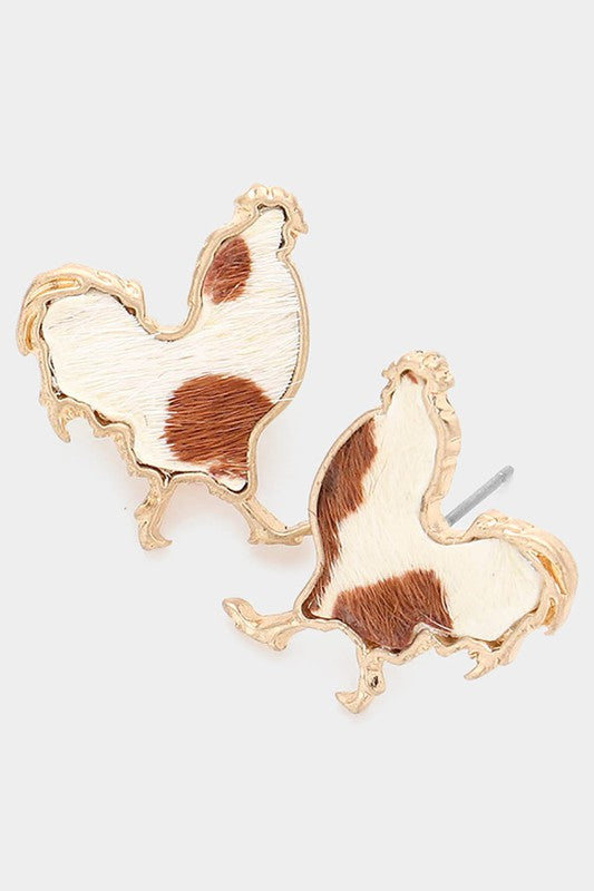 Genuine Leather Calf Animal Rooster Stud Earrings - Debs on 5th