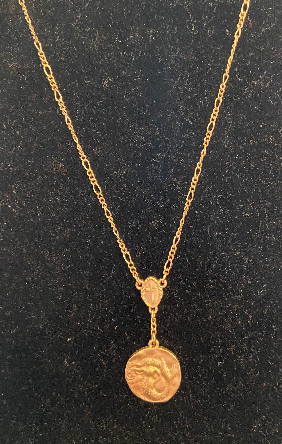 16" Gold Chain Lariat, Gold Mermaid/Cross Charm Necklace - Debs on 5th