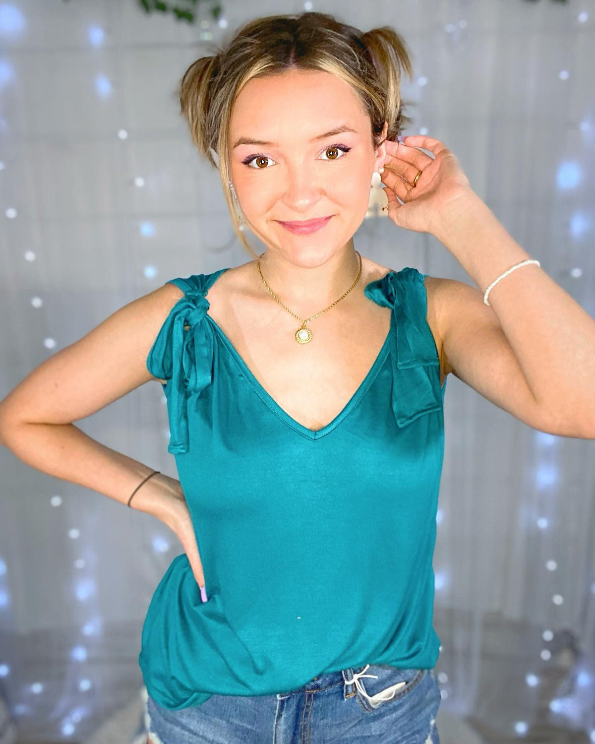 V-Neck Top with Shoulder Ribbon Tied Top - Debs on 5th